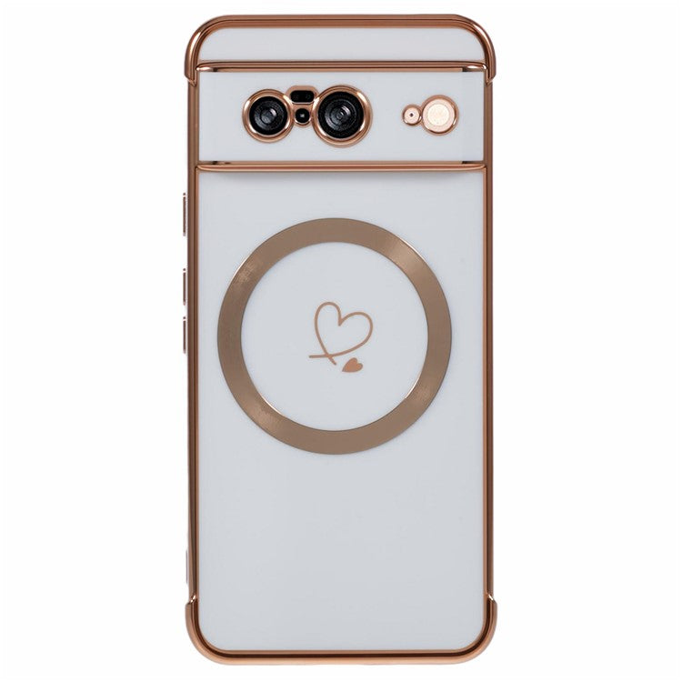 For Google Pixel 8 Case Compatible with MagSafe Electroplated TPU Phone Cover Hollow Love Hearts - Ivory White