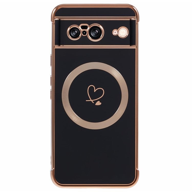 For Google Pixel 8 Case Compatible with MagSafe Electroplated TPU Phone Cover Hollow Love Hearts - Black