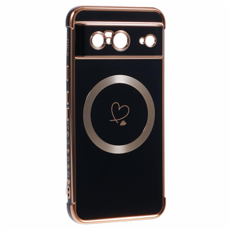 For Google Pixel 8 Case Compatible with MagSafe Electroplated TPU Phone Cover Hollow Love Hearts - Black