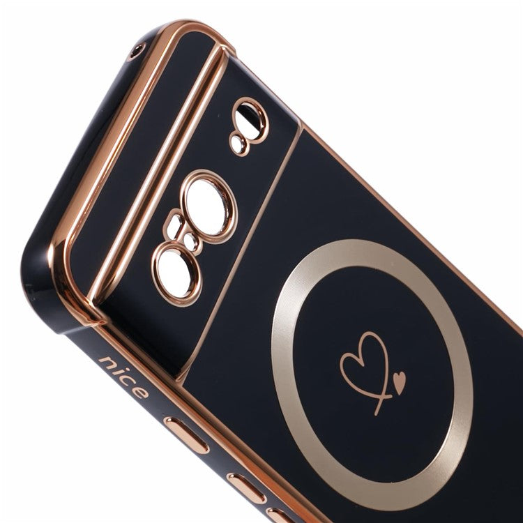 For Google Pixel 8 Case Compatible with MagSafe Electroplated TPU Phone Cover Hollow Love Hearts - Black