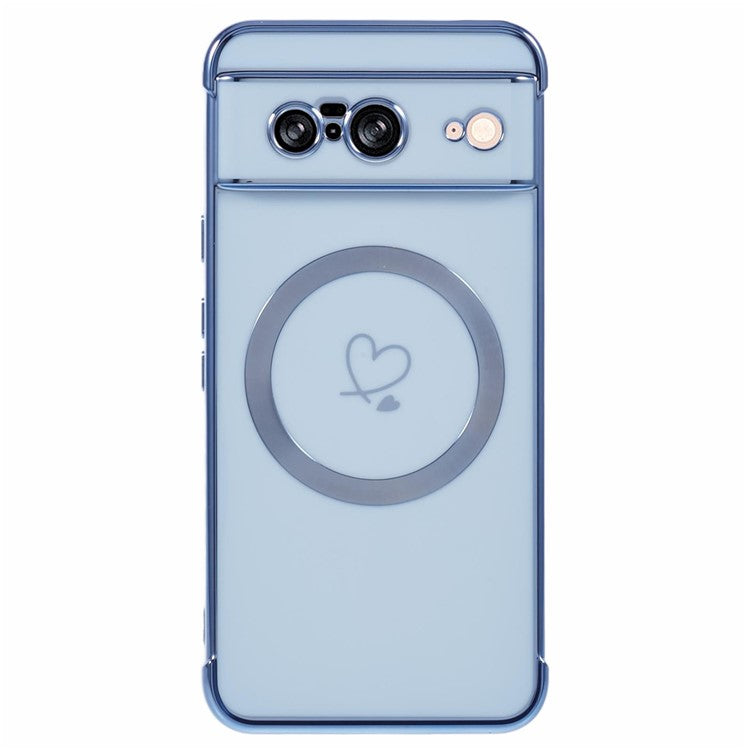 For Google Pixel 8 Case Compatible with MagSafe Electroplated TPU Phone Cover Hollow Love Hearts - Blue