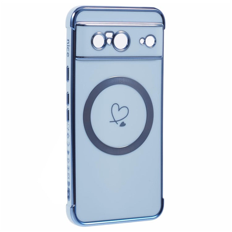 For Google Pixel 8 Case Compatible with MagSafe Electroplated TPU Phone Cover Hollow Love Hearts - Blue