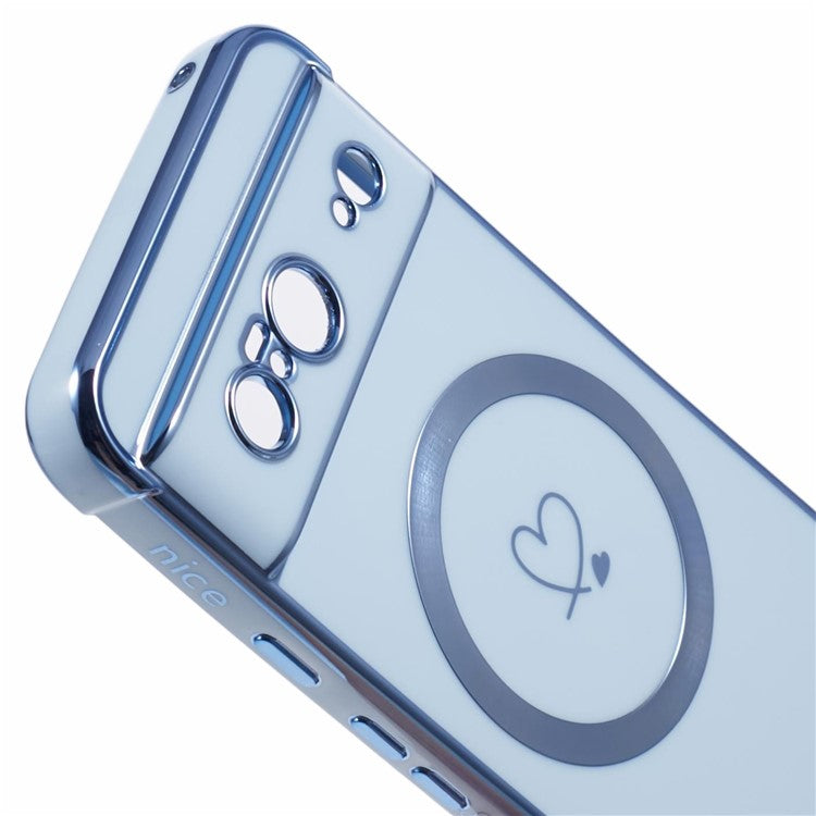 For Google Pixel 8 Case Compatible with MagSafe Electroplated TPU Phone Cover Hollow Love Hearts - Blue