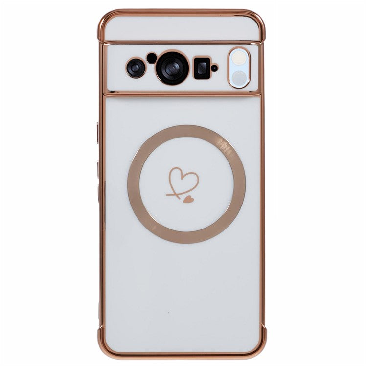 For Google Pixel 8 Pro Case Compatible with MagSafe Electroplated TPU Phone Cover Hollow Love Hearts - Ivory White