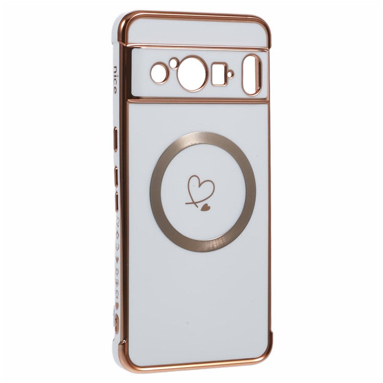 For Google Pixel 8 Pro Case Compatible with MagSafe Electroplated TPU Phone Cover Hollow Love Hearts - Ivory White