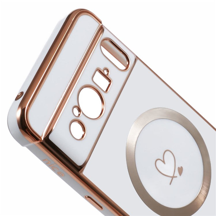 For Google Pixel 8 Pro Case Compatible with MagSafe Electroplated TPU Phone Cover Hollow Love Hearts - Ivory White