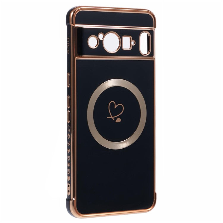 For Google Pixel 8 Pro Case Compatible with MagSafe Electroplated TPU Phone Cover Hollow Love Hearts - Black