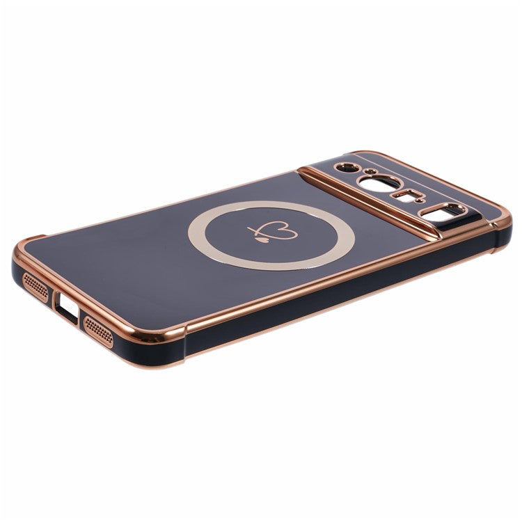 For Google Pixel 8 Pro Case Compatible with MagSafe Electroplated TPU Phone Cover Hollow Love Hearts - Black