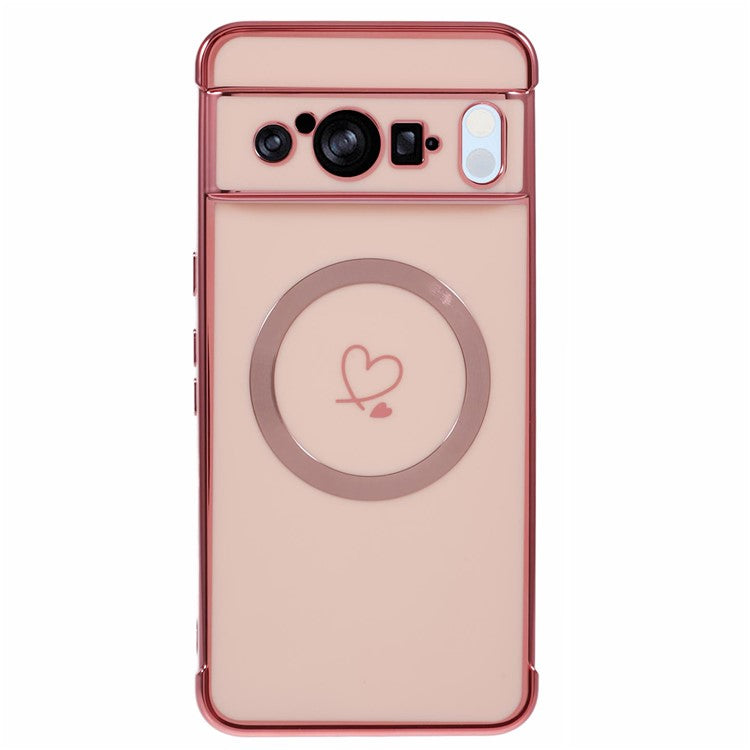 For Google Pixel 8 Pro Case Compatible with MagSafe Electroplated TPU Phone Cover Hollow Love Hearts - Rose Pink