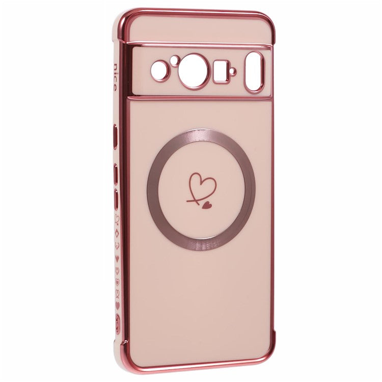 For Google Pixel 8 Pro Case Compatible with MagSafe Electroplated TPU Phone Cover Hollow Love Hearts - Rose Pink