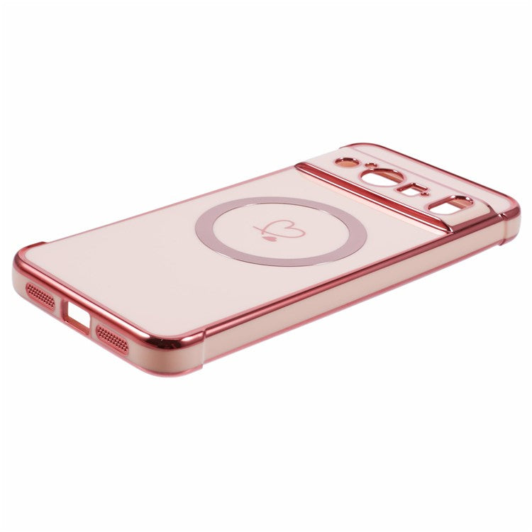 For Google Pixel 8 Pro Case Compatible with MagSafe Electroplated TPU Phone Cover Hollow Love Hearts - Rose Pink