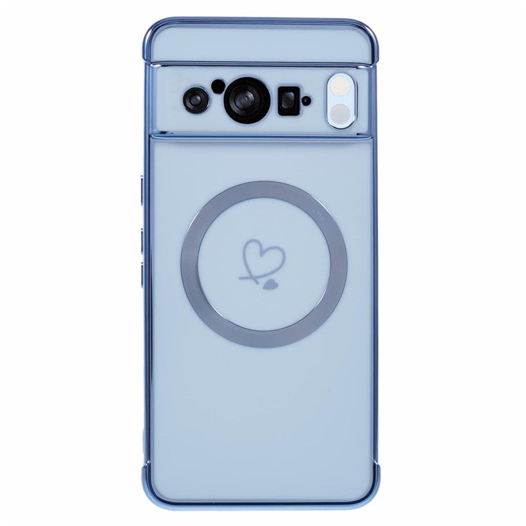 For Google Pixel 8 Pro Case Compatible with MagSafe Electroplated TPU Phone Cover Hollow Love Hearts - Blue