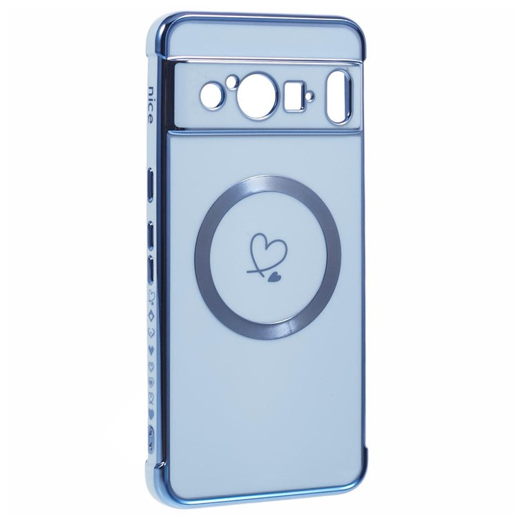 For Google Pixel 8 Pro Case Compatible with MagSafe Electroplated TPU Phone Cover Hollow Love Hearts - Blue