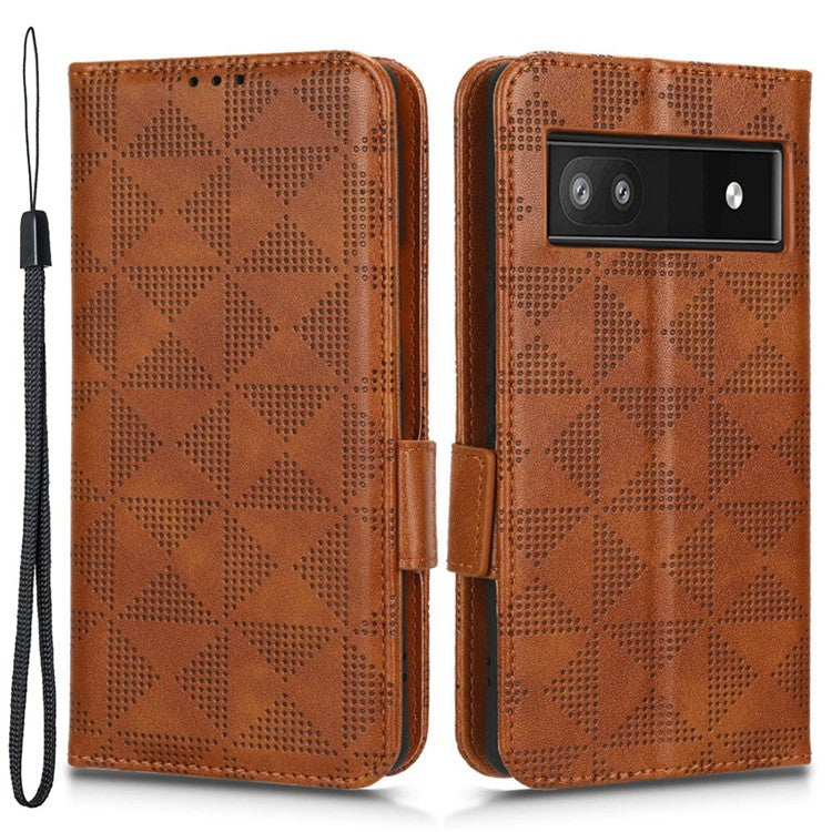 For Google Pixel 6a Imprinted Triangle Pattern Flip Phone Cover Stand Wallet PU Leather Phone Case with Strap - Brown