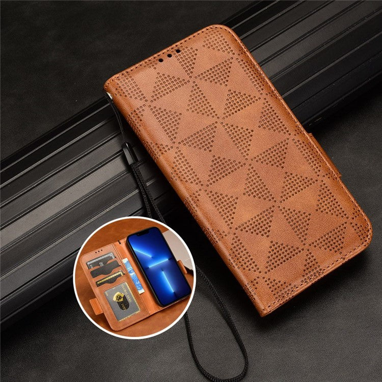 For Google Pixel 6a Imprinted Triangle Pattern Flip Phone Cover Stand Wallet PU Leather Phone Case with Strap - Brown