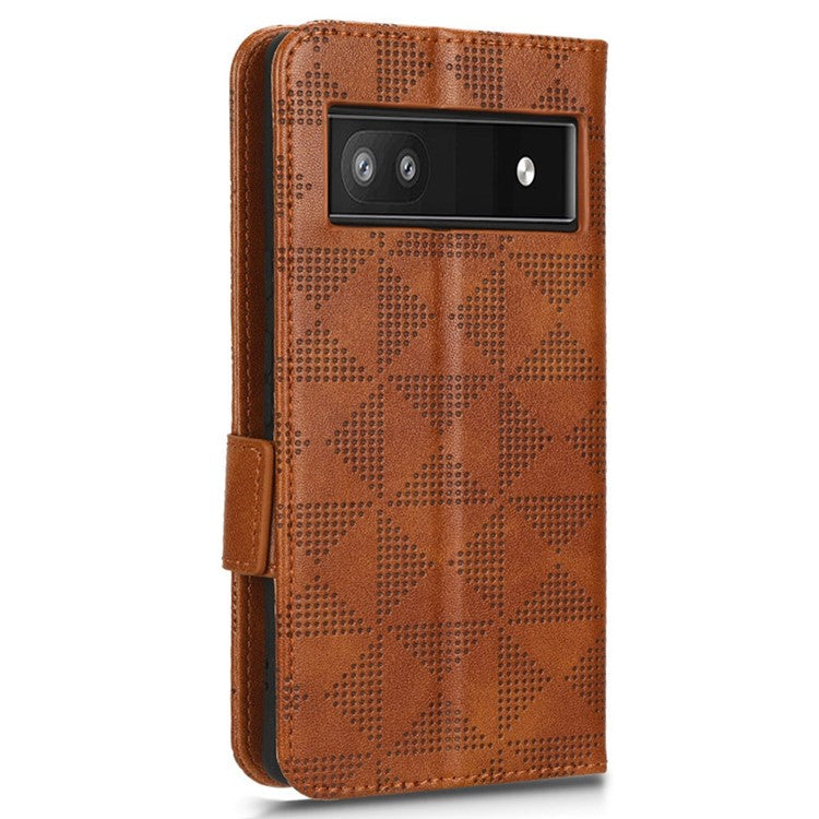 For Google Pixel 6a Imprinted Triangle Pattern Flip Phone Cover Stand Wallet PU Leather Phone Case with Strap - Brown