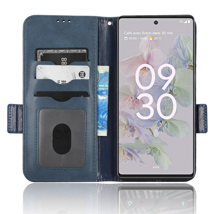 For Google Pixel 6a Imprinted Triangle Pattern Flip Phone Cover Stand Wallet PU Leather Phone Case with Strap - Blue