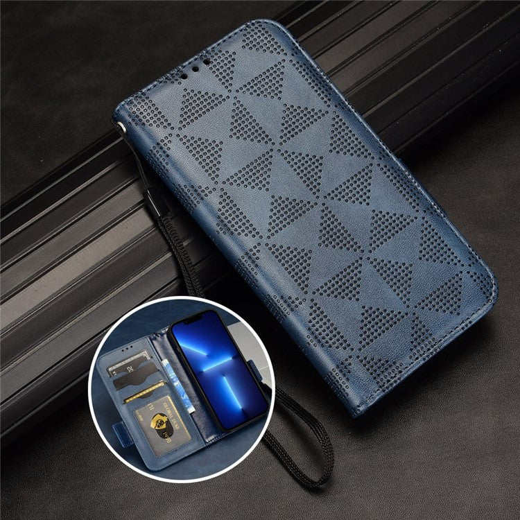 For Google Pixel 6a Imprinted Triangle Pattern Flip Phone Cover Stand Wallet PU Leather Phone Case with Strap - Blue