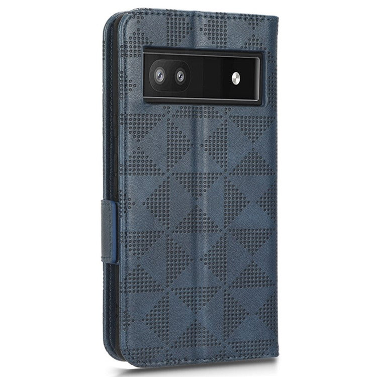 For Google Pixel 6a Imprinted Triangle Pattern Flip Phone Cover Stand Wallet PU Leather Phone Case with Strap - Blue