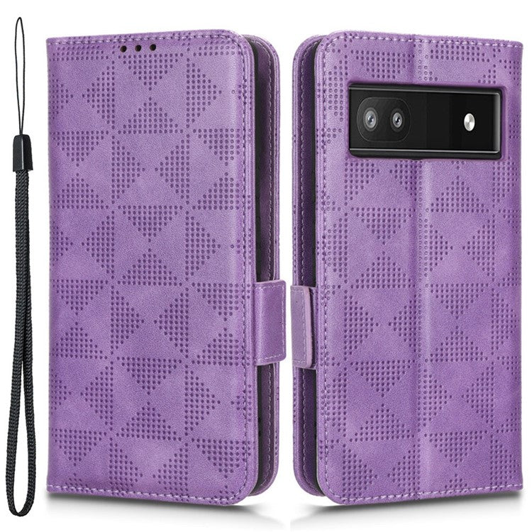 For Google Pixel 6a Imprinted Triangle Pattern Flip Phone Cover Stand Wallet PU Leather Phone Case with Strap - Purple