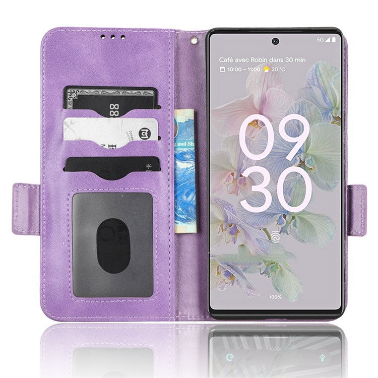 For Google Pixel 6a Imprinted Triangle Pattern Flip Phone Cover Stand Wallet PU Leather Phone Case with Strap - Purple