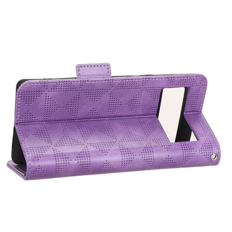 For Google Pixel 6a Imprinted Triangle Pattern Flip Phone Cover Stand Wallet PU Leather Phone Case with Strap - Purple