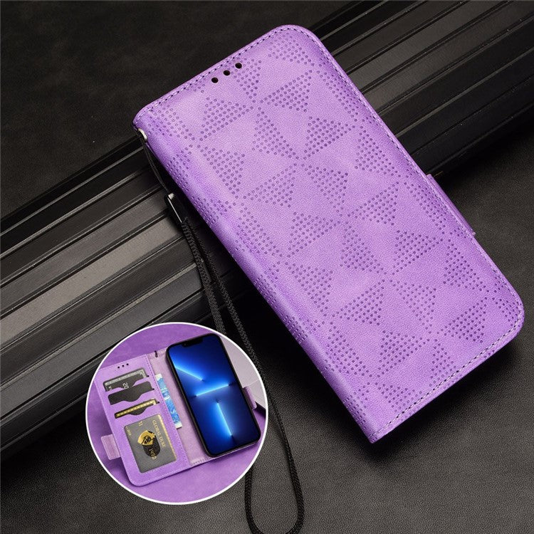 For Google Pixel 6a Imprinted Triangle Pattern Flip Phone Cover Stand Wallet PU Leather Phone Case with Strap - Purple