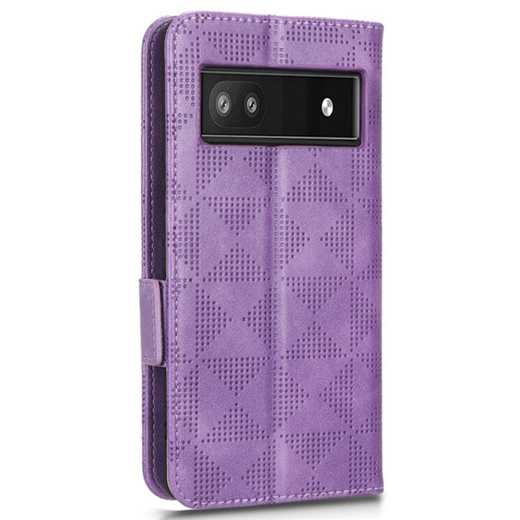 For Google Pixel 6a Imprinted Triangle Pattern Flip Phone Cover Stand Wallet PU Leather Phone Case with Strap - Purple