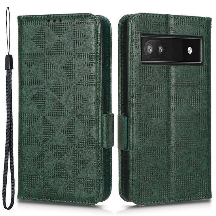 For Google Pixel 6a Imprinted Triangle Pattern Flip Phone Cover Stand Wallet PU Leather Phone Case with Strap - Green