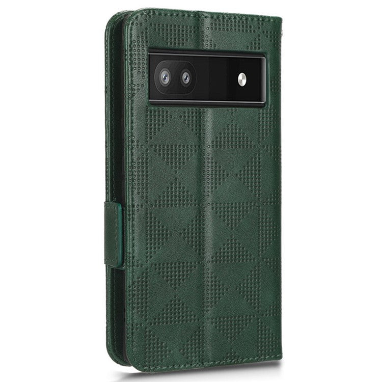 For Google Pixel 6a Imprinted Triangle Pattern Flip Phone Cover Stand Wallet PU Leather Phone Case with Strap - Green