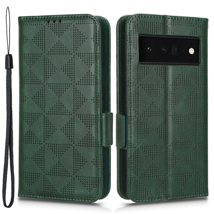 Phone Cover Bag for Google Pixel 6 Pro 5G, Imprinted Triangle Pattern Flip Phone Case Stand PU Leather Wallet - Green