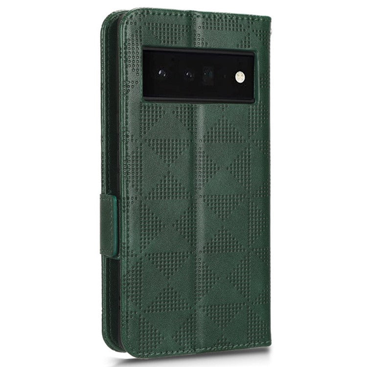 Phone Cover Bag for Google Pixel 6 Pro 5G, Imprinted Triangle Pattern Flip Phone Case Stand PU Leather Wallet - Green