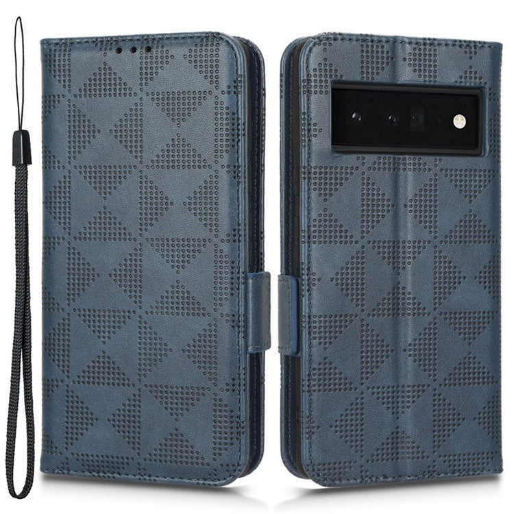 Phone Cover Bag for Google Pixel 6 Pro 5G, Imprinted Triangle Pattern Flip Phone Case Stand PU Leather Wallet - Blue