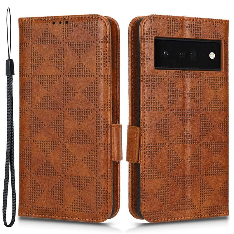 Phone Cover Bag for Google Pixel 6 Pro 5G, Imprinted Triangle Pattern Flip Phone Case Stand PU Leather Wallet - Brown