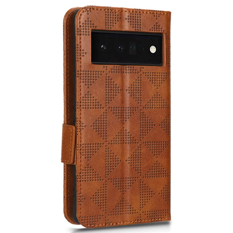 Phone Cover Bag for Google Pixel 6 Pro 5G, Imprinted Triangle Pattern Flip Phone Case Stand PU Leather Wallet - Brown