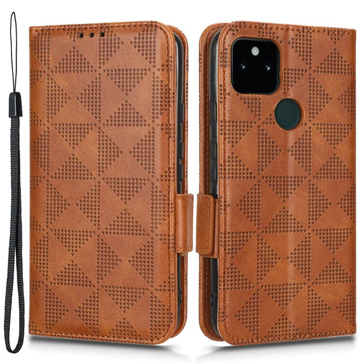 Triangle Pattern Imprinted Phone Case for Google Pixel 5a 5G Anti-scratch Folio Flip Cover PU Leather Wallet Stand Case with Strap - Brown