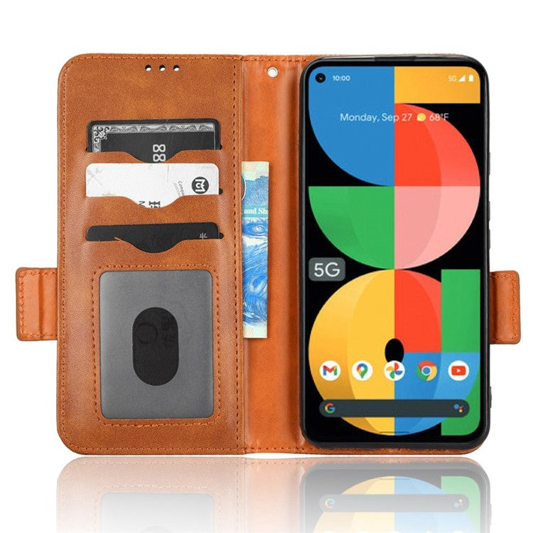 Triangle Pattern Imprinted Phone Case for Google Pixel 5a 5G Anti-scratch Folio Flip Cover PU Leather Wallet Stand Case with Strap - Brown