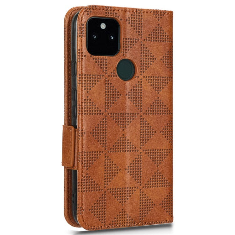 Triangle Pattern Imprinted Phone Case for Google Pixel 5a 5G Anti-scratch Folio Flip Cover PU Leather Wallet Stand Case with Strap - Brown