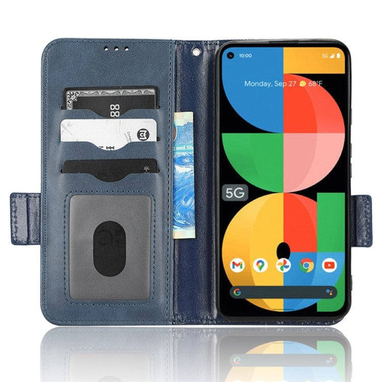 Triangle Pattern Imprinted Phone Case for Google Pixel 5a 5G Anti-scratch Folio Flip Cover PU Leather Wallet Stand Case with Strap - Blue