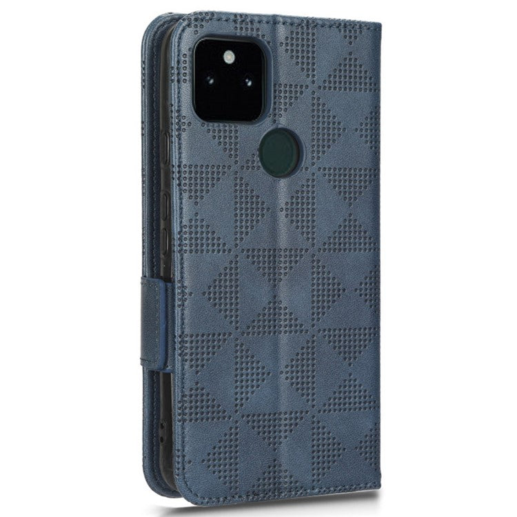 Triangle Pattern Imprinted Phone Case for Google Pixel 5a 5G Anti-scratch Folio Flip Cover PU Leather Wallet Stand Case with Strap - Blue