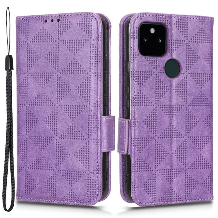 Triangle Pattern Imprinted Phone Case for Google Pixel 5a 5G Anti-scratch Folio Flip Cover PU Leather Wallet Stand Case with Strap - Purple