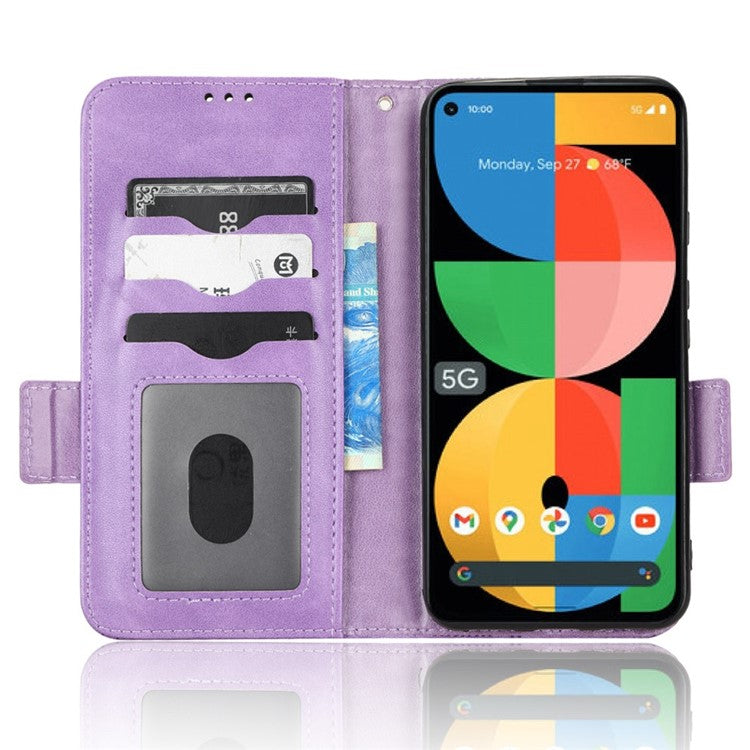 Triangle Pattern Imprinted Phone Case for Google Pixel 5a 5G Anti-scratch Folio Flip Cover PU Leather Wallet Stand Case with Strap - Purple