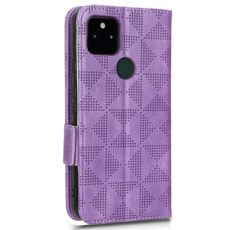 Triangle Pattern Imprinted Phone Case for Google Pixel 5a 5G Anti-scratch Folio Flip Cover PU Leather Wallet Stand Case with Strap - Purple