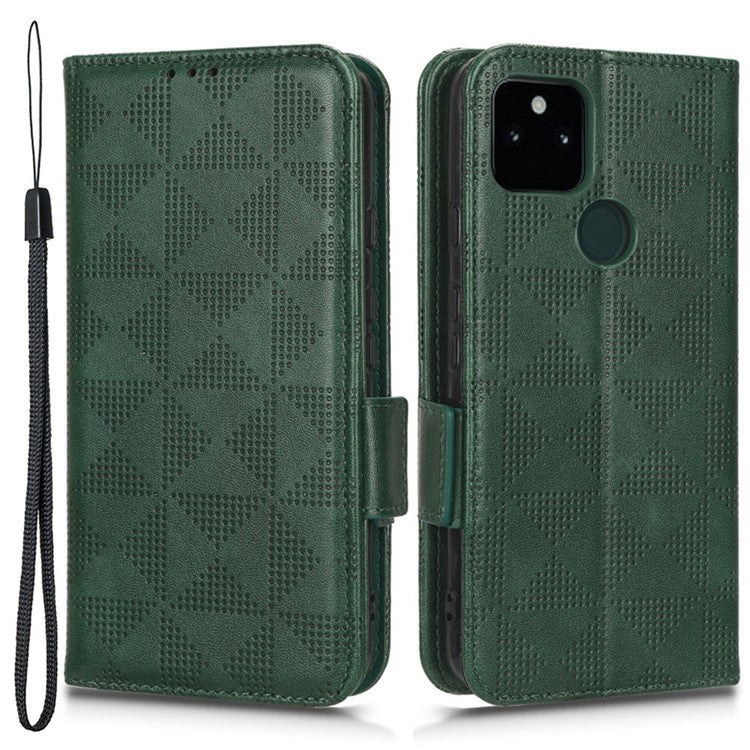 Triangle Pattern Imprinted Phone Case for Google Pixel 5a 5G Anti-scratch Folio Flip Cover PU Leather Wallet Stand Case with Strap - Green