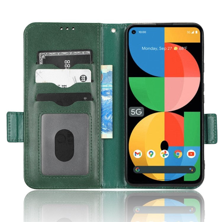 Triangle Pattern Imprinted Phone Case for Google Pixel 5a 5G Anti-scratch Folio Flip Cover PU Leather Wallet Stand Case with Strap - Green