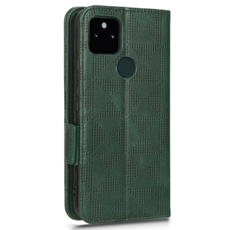 Triangle Pattern Imprinted Phone Case for Google Pixel 5a 5G Anti-scratch Folio Flip Cover PU Leather Wallet Stand Case with Strap - Green