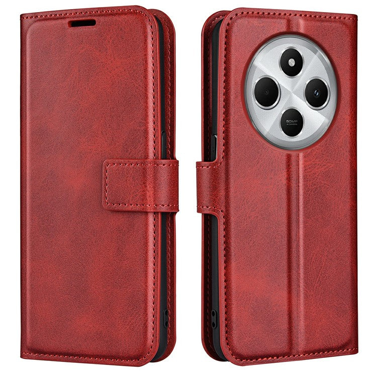 For Xiaomi Poco C75 4G / Redmi 14R 5G / 14C 4G Stand Case Anti-Scratch Calf Texture Leather Phone Cover - Red