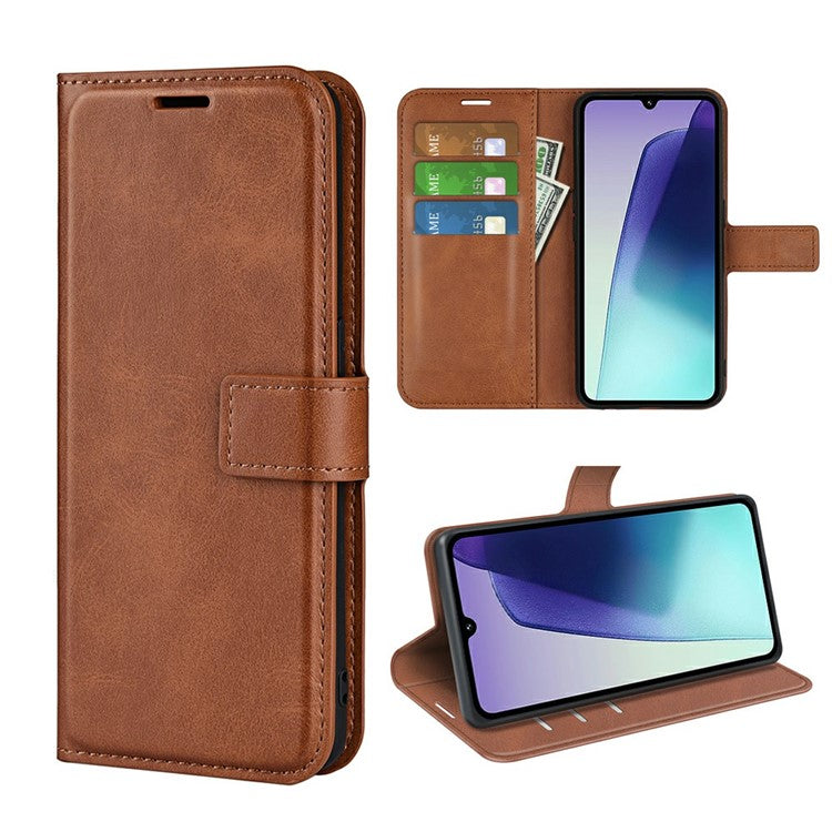 For Xiaomi Poco C75 4G / Redmi 14R 5G / 14C 4G Stand Case Anti-Scratch Calf Texture Leather Phone Cover - Light Brown