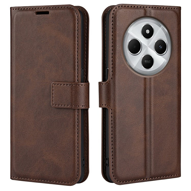 For Xiaomi Poco C75 4G / Redmi 14R 5G / 14C 4G Stand Case Anti-Scratch Calf Texture Leather Phone Cover - Brown