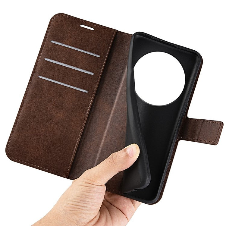 For Xiaomi Poco C75 4G / Redmi 14R 5G / 14C 4G Stand Case Anti-Scratch Calf Texture Leather Phone Cover - Brown